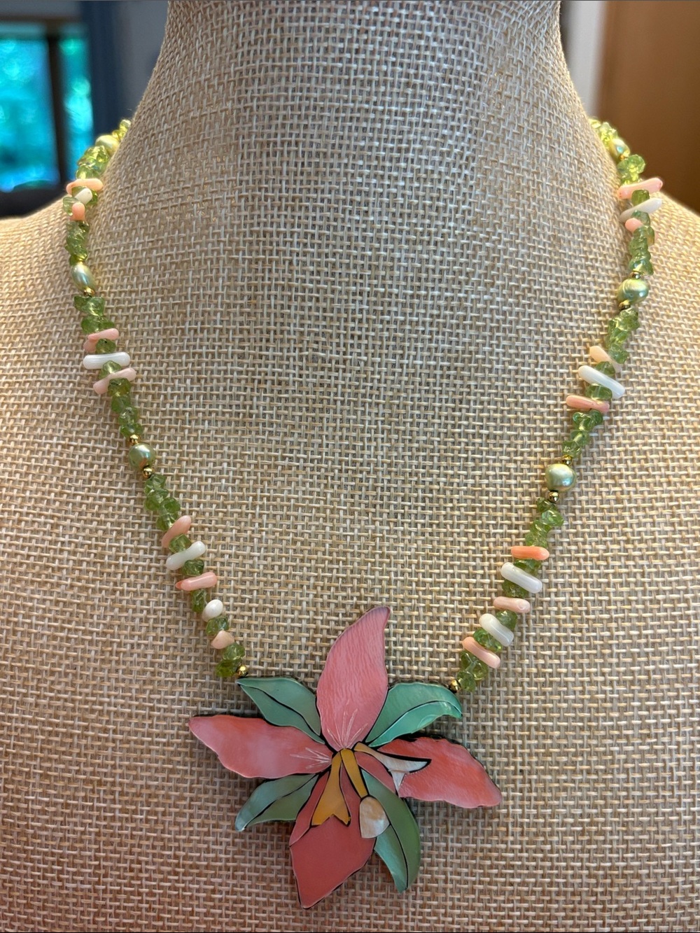 Lee Sands Hibiscus MOP, coral, peridot, & pearl necklace